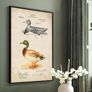 Vintage duck decoy wall art featuring a 1910 patent sketch and watercolor illustration of a mallard drake. Perfect for farmhouse, rustic, lodge, or hunting-themed decor. This antique bird print is a high-resolution digital download for instant use. Ideal for vintage art lovers, birdwatchers, or as a Father's Day gift. Styled for cottagecore, nature-inspired, or Americana interiors. Unique historical artwork to enhance your space with charm and character.