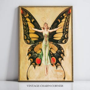 Frank Xavier Leyendecker Butterfly Fairy Flapper Art Nouveau Print, 1920s Vintage Digital Download, Jeweled Green Dress Printable Wall Decor