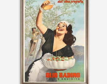 Gino Boccasile Olio Radino, aceite de oliva italiano, póster vintage de cocina de los años 40, descarga digital imprimible, arte de pared, decoración retro para la cocina, ideas para regalos