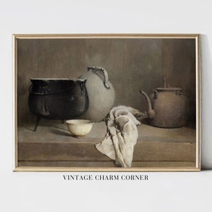 Descarga digital de bodegón de cocina vintage, cerámica rústica, arte de pared de granja, utensilios de cocina antiguos, decoración neutra, impresión de estilo campestre