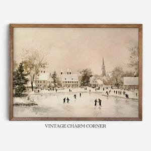 Vintage Winter Ice Skating Scene Print, Nostalgic Cityscape Art in Muted Tones, Snow-Covered Houses and Church Steeple, Printable Download