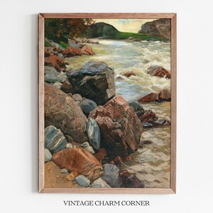 May include: A painting of a rushing river with large rocks and boulders along the banks. The water is a light blue-green color and the rocks are a variety of browns, grays, and reds.
