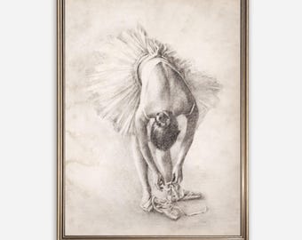 Antique Ballerina Study Vintage Charcoal Drawing Digital Download Printable Wall Art Ballet Dancer Tutu Sketch Sepia Home Decor Gift Artwork