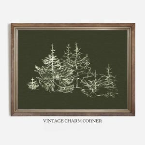Vintage Pine Tree Sketch Print, Winter Evergreen Forest Home Decor, Minimalist Christmas Illustration, Fine Line Artwork, Printable Download