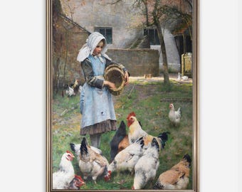 May include: A framed vintage painting depicts a young person in a blue dress and white bonnet feeding chickens in a grassy yard. The painting has a gold frame and the text "VINTAGE CHARM CORNER" at the bottom.