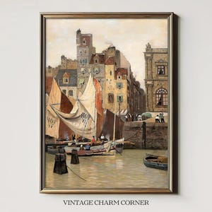 High Tide Harbor Painting Download Vintage European Port City Boats Coastal Wall Decor Nautical Printable Old World Art Digital File Instant