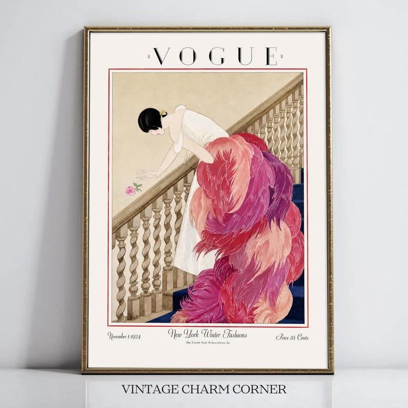 Digital Download Of A November 1 1924 Vogue Cover By George Wolfe Plank Showing An Art Deco Woman In A White Winter Gown Leaning Over A Staircase Toward A Pink Rose With Dramatic Pink Feathered Train. Printable Vintage Wall Decor For Cottagecore Farmhouse Glam Gallery Walls Fashion History Lovers And Gift Buyers.