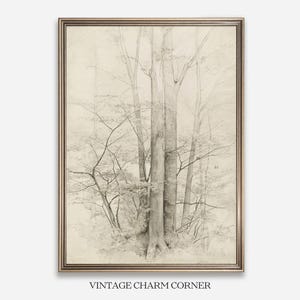 Komplizierte Wald Baum Skizze druckbare Download Vintage Wald Wand Kunst Bleistift Zeichnung Natur Illustration rustikale Dekor für die Galeriewand