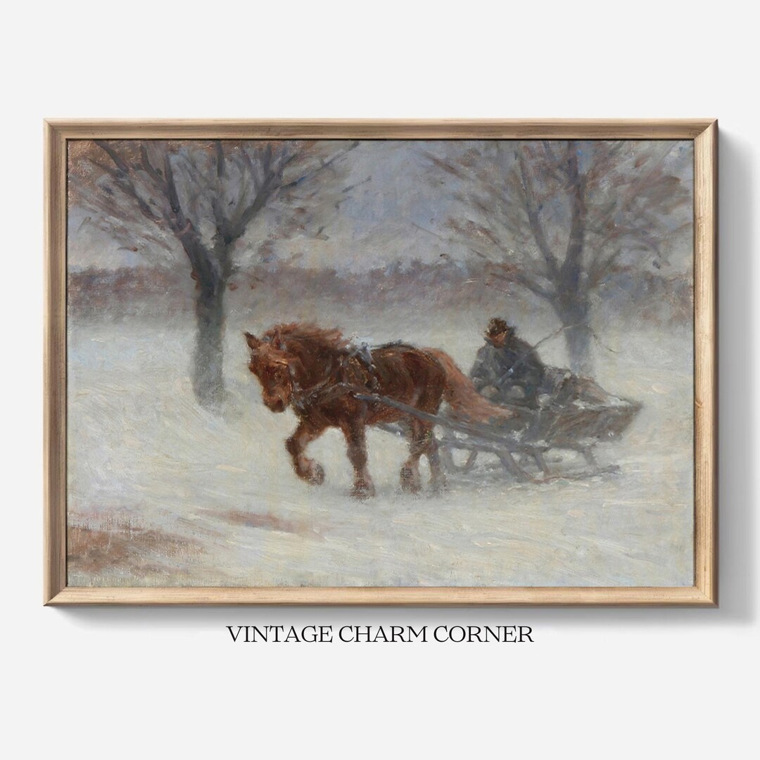 Cold Winter Sleigh Ride Painting, Horse Pulling Sleigh Through Snow ...