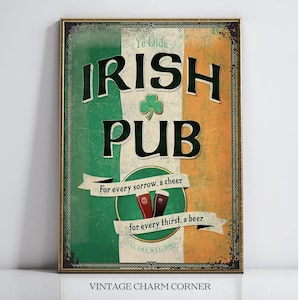 Vintage Irish Pub Decorative Sign, Retro Wall Art Print with Shamrock and Beer Glasses,  Nostalgic Decor for Home Bar or Pub, Art Printable