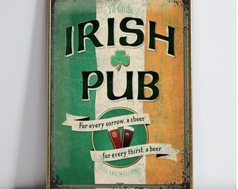 Vintage Irish Pub Decorative Sign, Retro Wall Art Print with Shamrock and Beer Glasses,  Nostalgic Decor for Home Bar or Pub, Art Printable