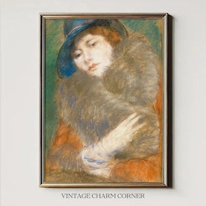 May include: Vintage framed artwork featuring a woman in a blue hat and fur wrap. The artwork has a soft, pastel color palette with shades of orange, green, and brown. The text "VINTAGE CHARM CORNER" is at the bottom.
