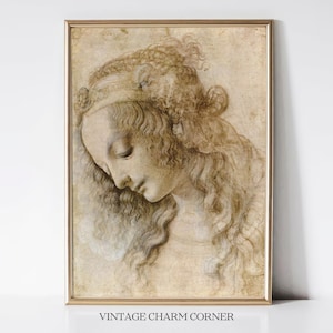 Leonardo Da Vinci Woman’s Head Renaissance Drawing Digital Download Printable Wall Art Vintage Sketch Portrait Historic Decor Illustration