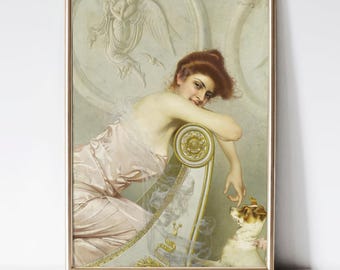 May include: Framed vintage print depicting a woman in a pink dress with a small dog. The artwork has a classical style, set in a gold frame. The text "VINTAGE CHARM CORNER" is at the bottom of the print, adding to its antique charm.