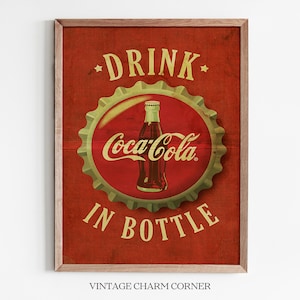 Vintage Coca Cola Kronkorken Wand Kunst Retro Getränk Coca Cola Druck Digitaler Download Altes Werbeplakat Küche Soda Pop Zeichen Instant Art
