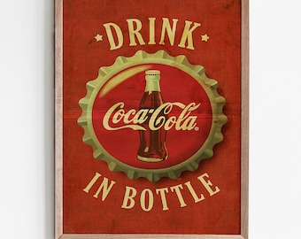 Tampa de garrafa de Coca-Cola vintage, arte de parede, bebida retrô, impressão digital de Coca-Cola, download de pôster de propaganda antigo, placa de refrigerante de cozinha, arte instantânea