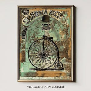Póster de bicicleta Columbia vintage, arte de pared, descarga digital, impresión de bicicleta Penny Farthing, decoración victoriana steampunk, ilustración de bicicleta antigua