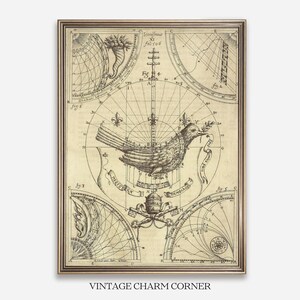 May include: A framed vintage-style print featuring a central illustration of a bird surrounded by geometric diagrams, celestial grids, and Latin text. The artwork includes a papal tiara, keys, and various scientific sketches in black ink on aged paper.