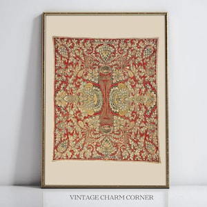 Vintage Textile Art Print Red Gold Persian Tapestry Wall Art Digital Download Antique Carpet Poster Home Decor for Cottagecore Farmhouse