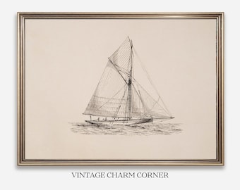 Vintage Segelboot Skizze Kunst, Minimalistische Yacht Illustration, Nautischer Druck, Maritimes Dekor, Detaillierte Segelyacht Zeichnung, Sofort Download