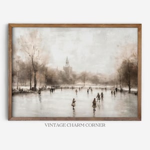 Vintage Winter Skating Scene Painting, Serene Frozen Pond Artwork, Soft Muted Browns, Grays and Whites, Christmas Farmhouse Digital Download