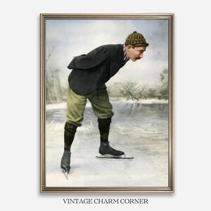 Vintage Colorized Ice Skater Print, Jaap Eden Dutch Speed Skating Photo, Knickerbocker Knit Cap Wall Art, Rustic Cabin Printable Download