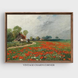 Pastoral Landscape Art Print, Thatched Cottage in Poppy Field Scene, Serene Wall Art for Countryside Decor Gift