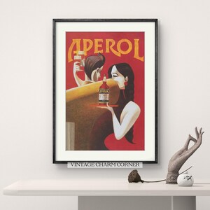 Retro Aperol Spritz Poster, Vintage Style Art Print with Aperol Bottle Illustration, Mid-Century Modern Home Bar Decor, Wall Art Printable