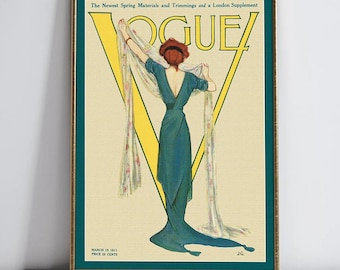 Vogue March 1911 Vintage Fashion Cover Art Deco Woman in Blue Dress Edwardian Style Digital Download Printable Wall Art Restored Decor