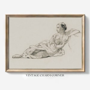 Minimalist woman pencil sketch digital download vintage line art restored wall decor cottagecore bedroom print French country gallery