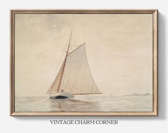 May include: A vintage watercolor painting of a sailboat with white sails on a calm sea. The painting has a soft, muted color palette and a dreamy, nostalgic feel.