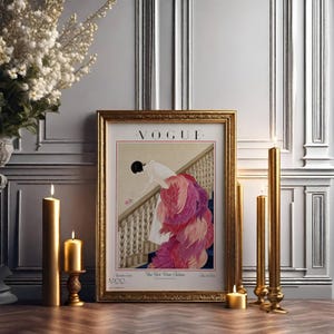 Digital Download Of A November 1 1924 Vogue Cover By George Wolfe Plank Showing An Art Deco Woman In A White Winter Gown Leaning Over A Staircase Toward A Pink Rose With Dramatic Pink Feathered Train. Printable Vintage Wall Decor For Cottagecore Farmhouse Glam Gallery Walls Fashion History Lovers And Gift Buyers.