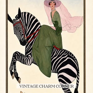 Digitally restored 1926 Vogue magazine cover titled Southern Fashions Number, featuring a stylish woman in a flowing green dress and pink hat riding a zebra in a desert landscape with giraffes and mountains. Vintage Art Deco fashion illustration digital download ideal for gallery walls, eclectic decor, and gifts for fashion history and vintage art lovers.