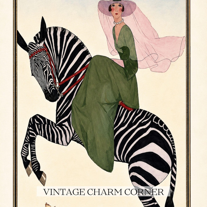 Digitally restored 1926 Vogue magazine cover titled Southern Fashions Number, featuring a stylish woman in a flowing green dress and pink hat riding a zebra in a desert landscape with giraffes and mountains. Vintage Art Deco fashion illustration digital download ideal for gallery walls, eclectic decor, and gifts for fashion history and vintage art lovers.