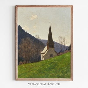 Vintage Chapel Wall Art Digital Download European Church Landscape Print Rustic Countryside Artwork Farmhouse Decor Cottagecore Art