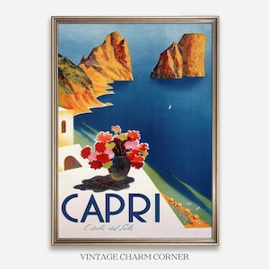 Capri Vintage Reiseplakat, italienische Küstenwandkunst, buntes Italien mit Küstenklippen und Meer, szenischer Retro-Tourismus, bedruckbare Kunst
