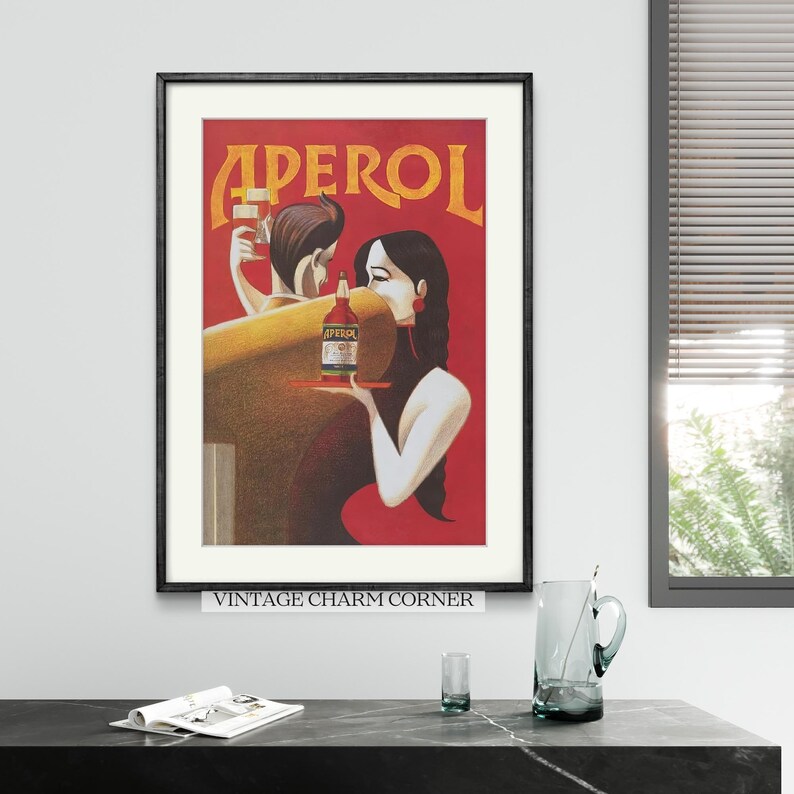 Retro Aperol Spritz Poster, Vintage Style Art Print with Aperol Bottle Illustration, Mid-Century Modern Home Bar Decor, Wall Art Printable