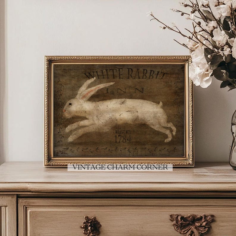Vintage White Rabbit Inn Printable, Rustic Bunny Wall Art, Farmhouse ...