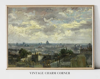 View Of Roofs Of Paris France Impressionism Art, Old Skyline, Grey Sky With Clouds, Vintage Oil Painting With Muted Colors, Digital Download