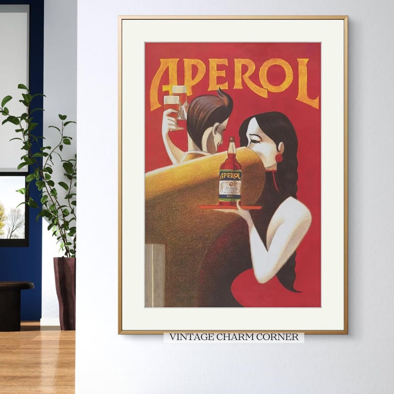 Retro Aperol Spritz Poster, Vintage Style Art Print with Aperol Bottle Illustration, Mid-Century Modern Home Bar Decor, Wall Art Printable