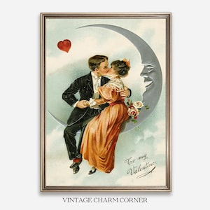 Póster de tarjeta vintage para el día de San Valentín, pareja romántica en forma de media luna con corazón y texto: Para mi Valentín, arte romántico de estilo de los años 1900 para imprimir