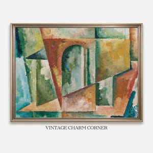 May include: Abstract oil painting in a gold frame. The artwork features geometric shapes in shades of green, orange, yellow, and blue. The text "VINTAGE CHARM CORNER" is at the bottom of the frame.