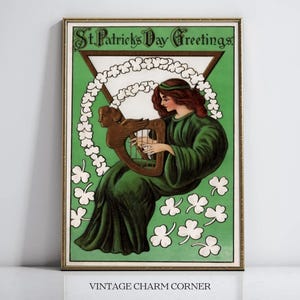 Carte de voeux vintage imprimée pour la Saint-Patrick, femme en robe verte avec harpe et trèfles, voeux décoratif pour la Saint-Patrick à imprimer