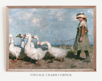 Vintage Girl Walking With Geese Art Print Digital Download Country Wall Art Rustic Farmhouse Decor Cottagecore Printable Landscape Painting