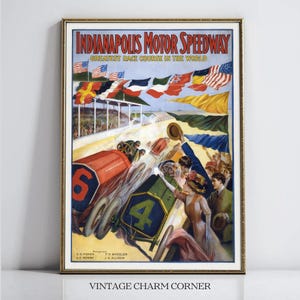Plakat z Indianapolis Motor Speedway z 1909 roku, wydruk artystyczny z zabytkowym samochodem wyścigowym, wydruk z zabytkowym samochodem, cyfrowe pobranie Indy 500, wystrój garażu
