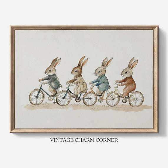 Vintage Bunnies Art Print, Rabbit Wall Art, Bicycle Nursery Decor, Cottagecore Printable, Woodland Animal Print, Farmhouse Digital Download