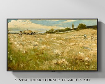 Vintage Painting Of Farmers Working In The Wheat Field  Samsung Art, Frame Tv Art, Sunny Summer Day Landscape Wth Hillside,Digital Download