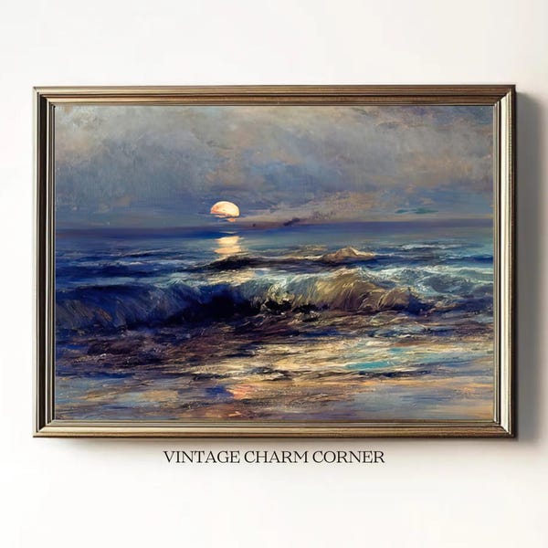Oceaan zonsondergang zeegezicht schilderij digitale download voor vintage kuststrand woondecoratie, kust oceaangolven kunstwerk voor Cottagecore muurkunst