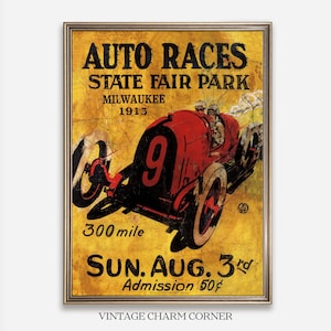 ミルウォーキー300マイルオートレースポスター 1913 ステートフェアパーク ヴィンテージレーシングウォールアート デジタルダウンロード 印刷可能 アンティークカー広告プリント
