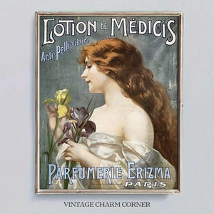 Vintage French Perfume Poster Digital Download Art Nouveau Printable Wall Art Lotion De Medicis Vanity Bathroom Decor Floral Woman Print
